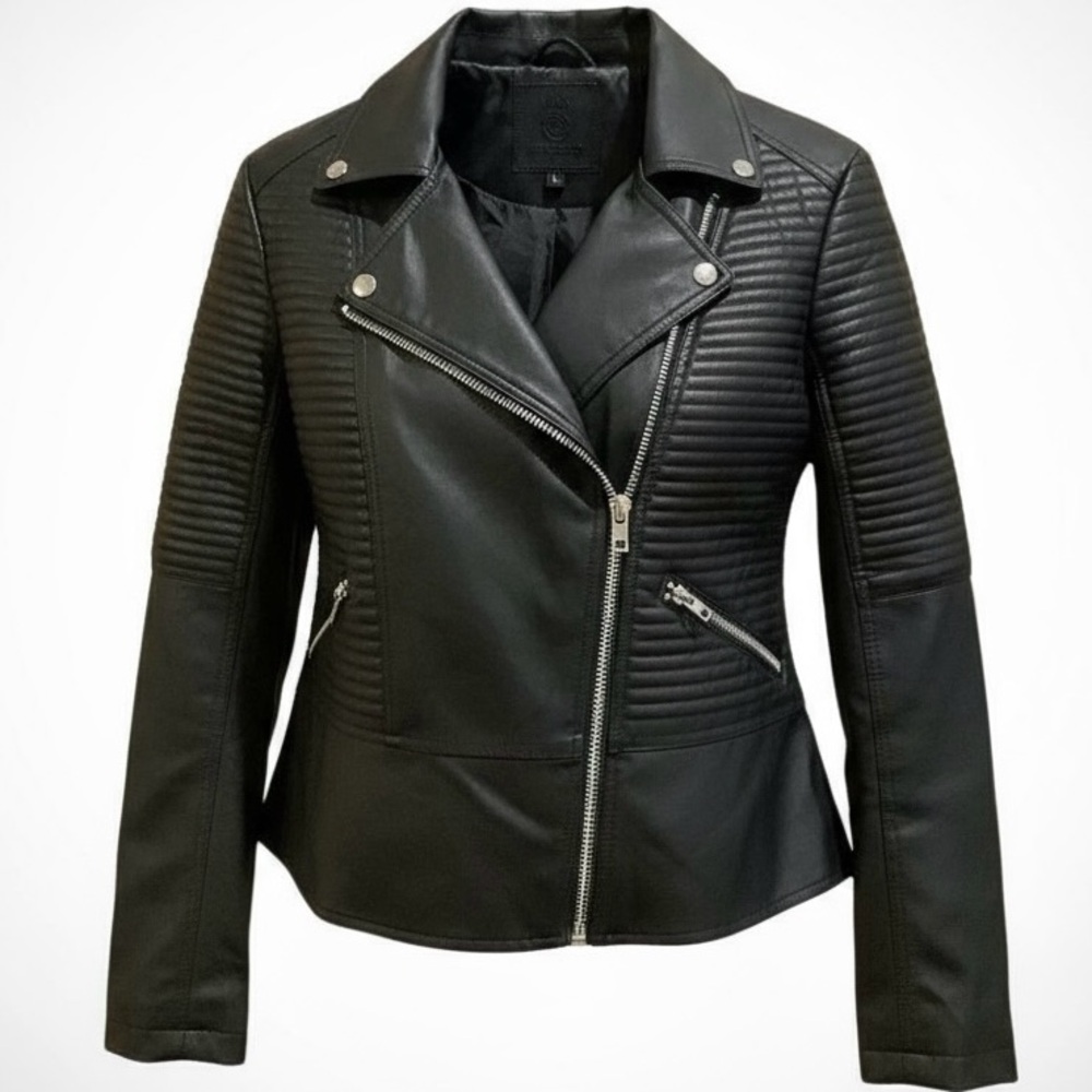 Moto Jacket By Max Studio Black Faux Leather Quilted Zippered Size Large